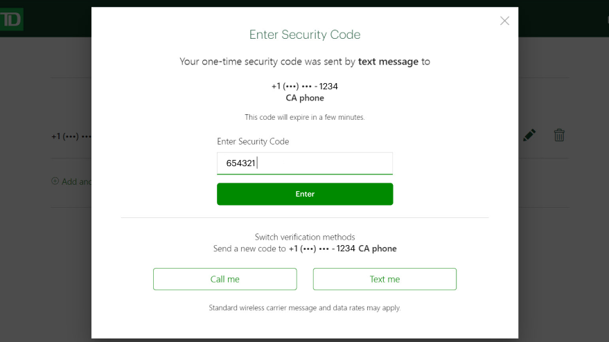 輸入您透過短訊或電話收到的6位數安全碼。 Type that code into the Enter Security Code field and select Enter at the bottom of the screen.
